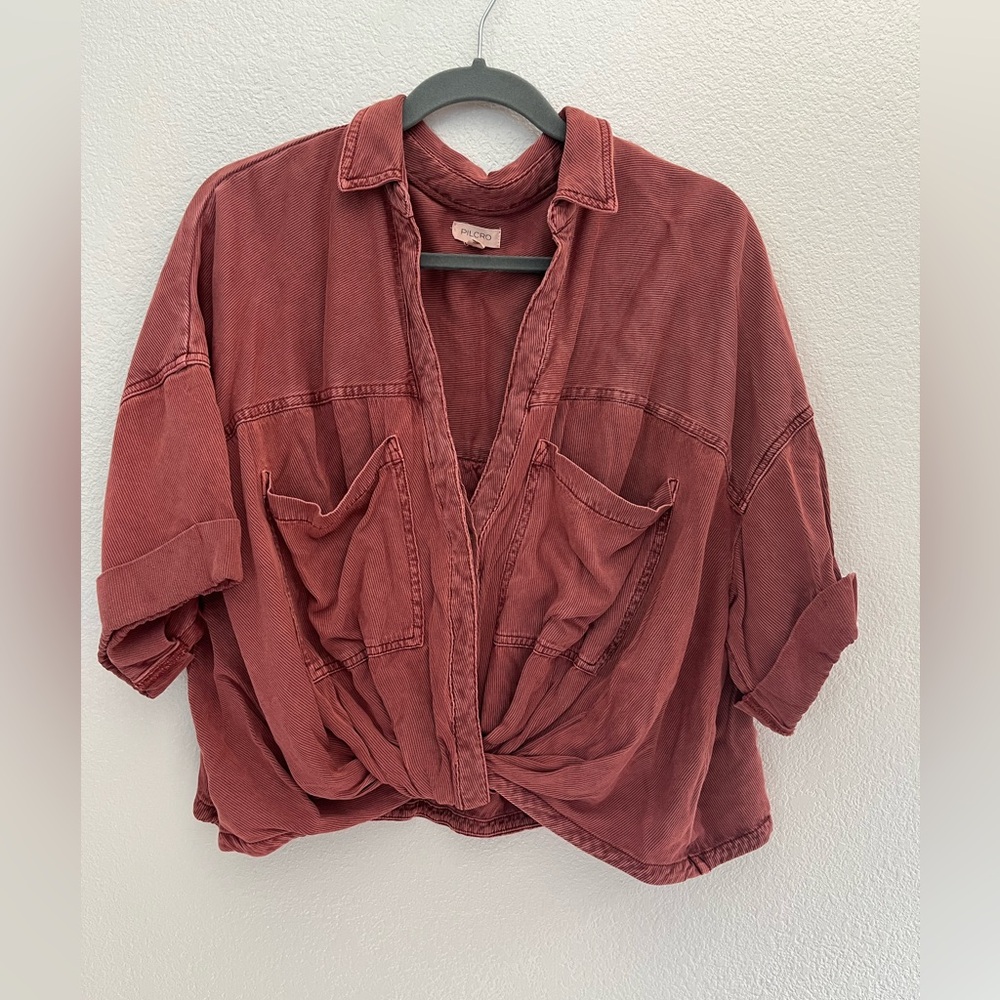 Pilcro Anthropologie Cropped Twist-Front Utility Shirt Button Front Blouse XL